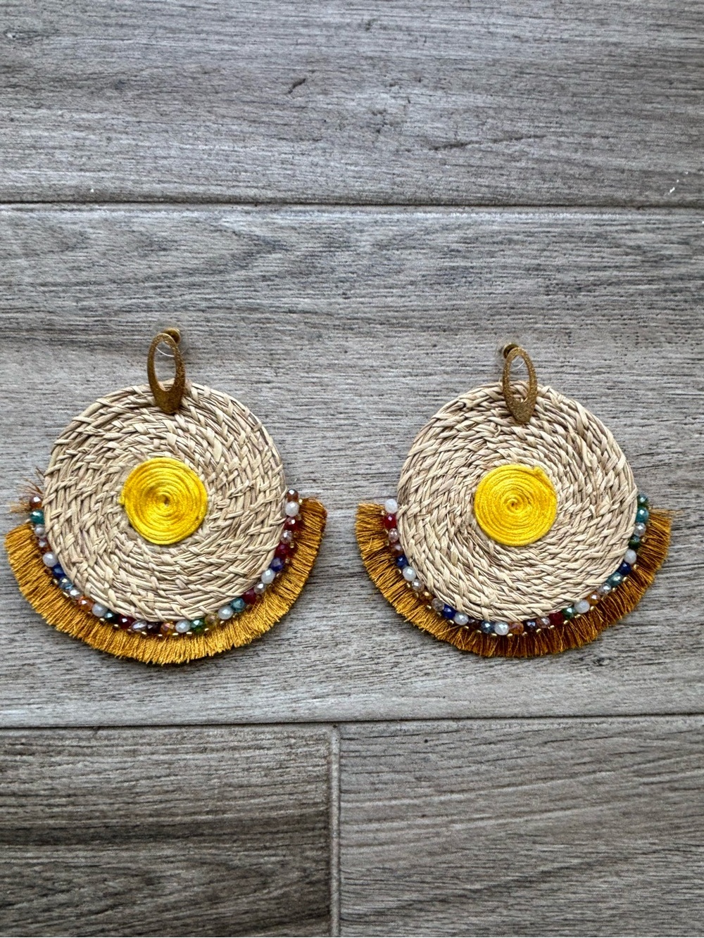 Colombian Handmade Boho Woven Raffia Fringe Earrings with Bead Accents- new